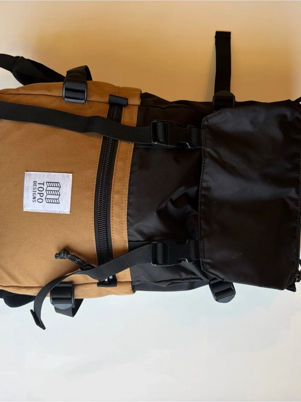 Topo Designs Black and Tan Two-Tone Roll-Top Backpack